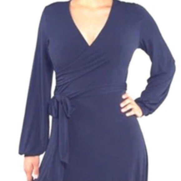 Janette Fashion Navy Bell Long Sleeve Evening Formal Faux Wrap Maxi Dress - Picture 2 of 3